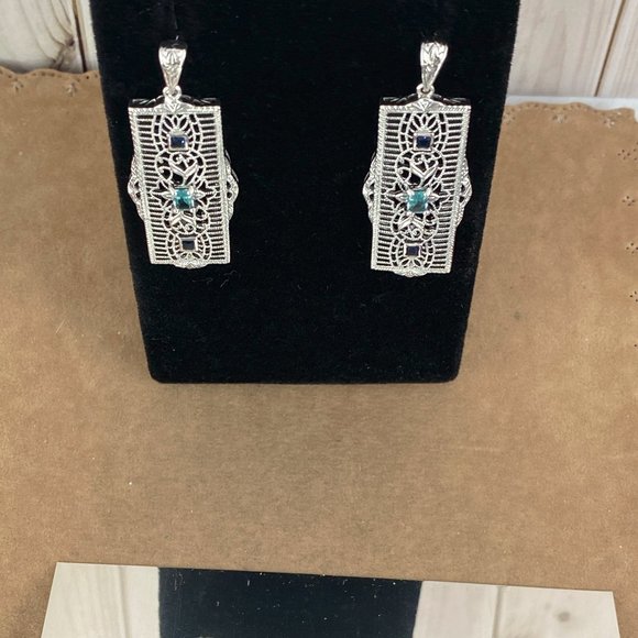 Dazzling 4x3MM Radiant Aquamarine & 2MM Blue Sapphire 925 Filigree Earrings - Picture 5 of 5